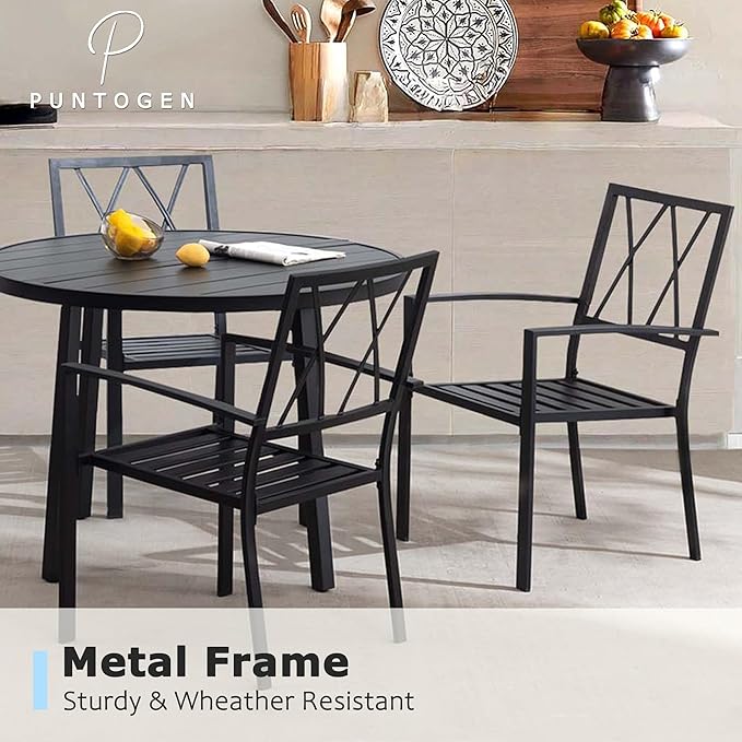 7 Piece Outdoor Dining Set, Patio Dining Set for 6, 47" Black Round Table with 6 Black Metal Outdoor Dining Chairs with Armrest for Lawn, Garden, or Porch