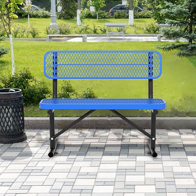 4 Feet Heavy Duty Metal Park Bench for Outside, Outdoor Bench with Backrest & Portable Frame, Thermoplastic Coating, Commercial Benches for Shopping Malls, Stores, Parks, Patios, Decks, Blue