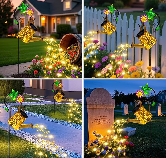 Solar Metal Watering Can with Hummingbrid Shepherd Hook and Cascading Lights - Outdoor Solar Lantern for Garden, Yard, Patio Decor and Gardening Gifts for Women Mother's Day