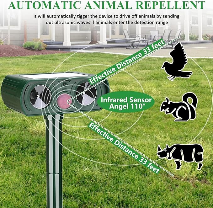 4 Pack Solar Ultrasonic Animal Repellent Outdoor Deer Repellent Devices Motion Detection Waterproof Cat Squirrel Skunk Raccoon Dog Deterrent Yard Farm Garden Patio