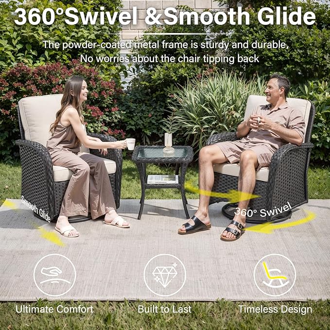 Belord 5 Pieces Wicker Patio Furniture Set - Swivel Rocker Outdoor Chairs with Ottomans and Side Table, Small Patio Conversation Set for Deck Porch Backyard Black