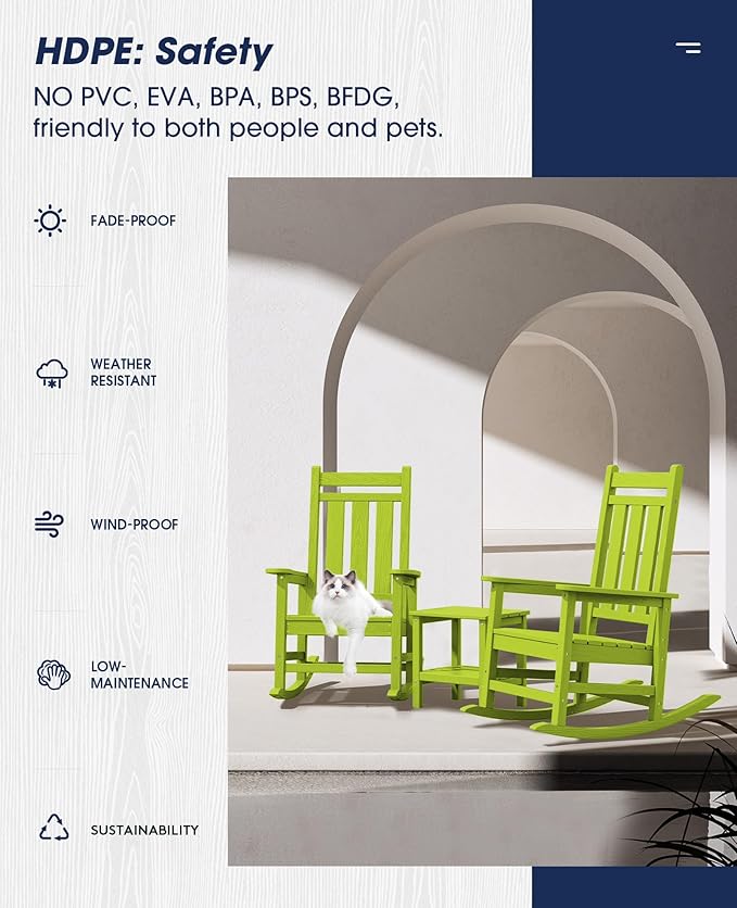 KINGYES Outdoor Rocking Chair, All-Weather Patio Rocking Chairs for Porch, HDPE Rocking Outdoor Chairs with High Back for Adult, Heavy Duty Outdoor Patio Rockers for Garden, Lawn, Apple Green