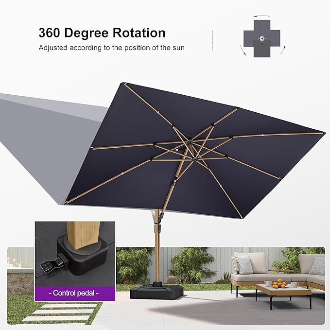 PURPLE LEAF 9' x 12' Rectangle Patio Cantilever Umbrella With Base Large Hanging Umbrella Teak Finished Aluminum Frame Windproof Offset Outdoor Sun Umbrellas for Beach Pool Deck, Grey
