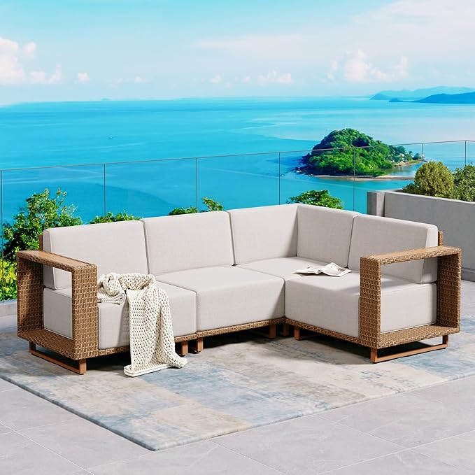 L Shaped Patio Couch,Outdoor Rattan Wicker Patio Furniture with 10''Ultra-Thick Cushions,All Weather Patio Sectional Set for Lawn Garden Backyard,Beige
