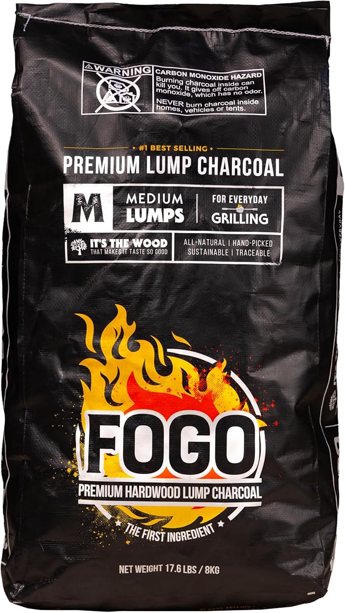 FOGO Premium Hardwood Lump Charcoal, Natural, Medium and Small Sized Lump Charcoal for Grilling and Smoking, Restaurant Quality, 17.6 Pound Bag, 2-Pack