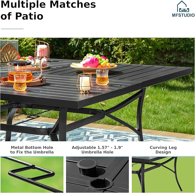 MFSTUDIO 9 PCS Outdoor Patio Dining Set, 8 Metal Swivel Chairs with Removable Cushions and 1 Square Dining Table with 1.57" -1.9" Adjustable Umbrella Hole Furniture Sets for Lawn Backyard Garden