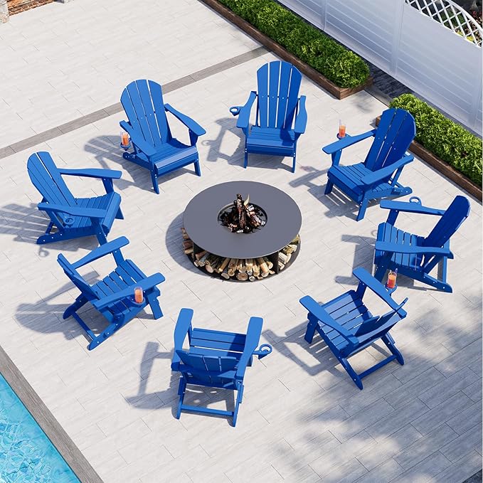 Folding Adirondack Chair with Cup Holders, HDPE Plastic Outdoor Chairs, Weather Resistant, Real Wood Look for Patio, Deck, Fire Pit, Backyard, Blue