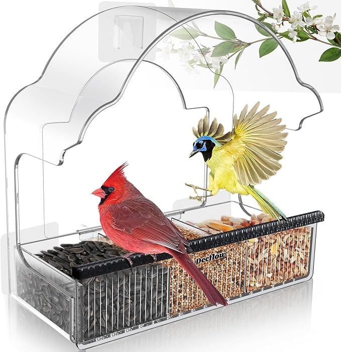 Decflow Window Bird Feeders for Outside, Clear Bird Window Feeder with 3 Pairs of Strong Stickers, Transparent Acrylic Birds House for Window Viewing, Removable Tray, Wild Birds Watching Present