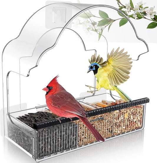 Decflow Window Bird Feeders for Outside, Clear Bird Window Feeder with 3 Pairs of Strong Stickers, Transparent Acrylic Birds House for Window Viewing, Removable Tray, Wild Birds Watching Present