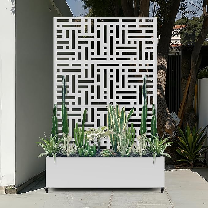 Large Raised Garden Beds with Trellis & Wheels, Metal Planter Box with Privacy Screen for Climbing Plants Vegetables, Fruits, 47"L Garden Boxes Outdoor with Drainage Holes (White Street)