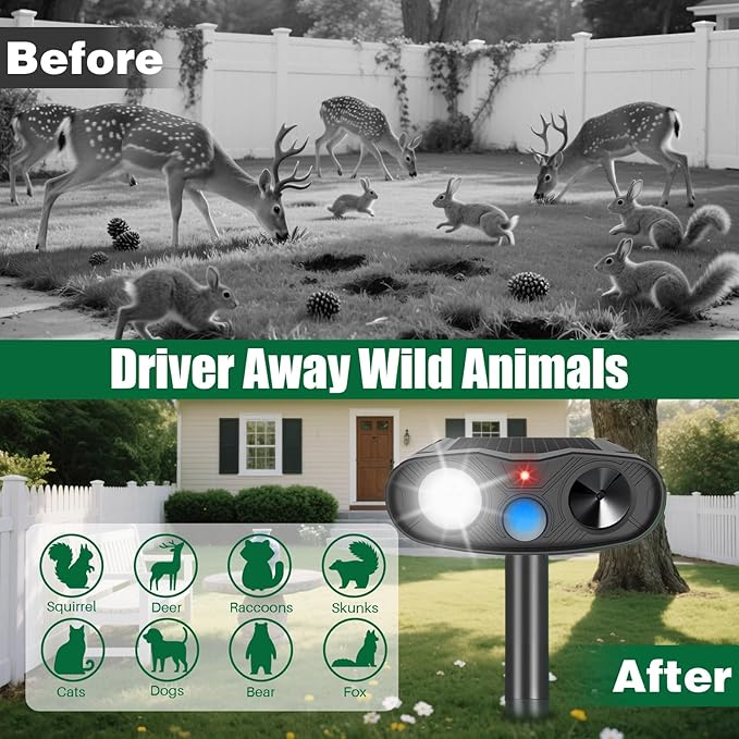 Ultrasonic Animal Repellent Outdoor Deer Repellent Devices, 2Pack Solar Animal Repeller with Motion Detection Cat Squirrel Dog Repellent Deterrent with LED Flash Lights for Yard (Black) 251113 (2)