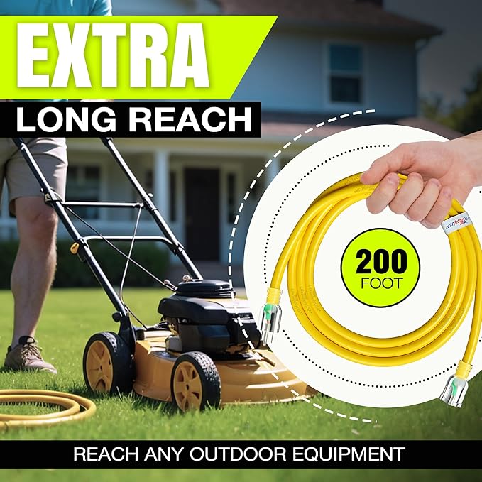 200ft Outdoor/Indoor Extension Cord 16/3 Gauge Heavy Duty 3 Prong SJTW, Waterproof, Flexible Cold-Resistant Long Power Cord,6A 125V 750W, Yellow by LifeSupplyUSA