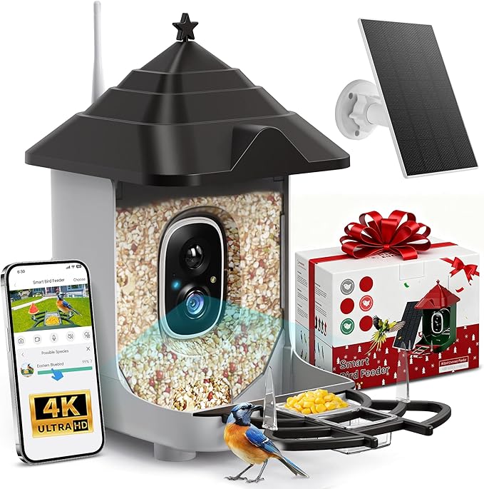 Smart Bird Feeder with Camera Solar Powered, 4K HD Live Video Bird Camera Feeder with AI Identifies,App Control,Instant Arrival Alert,Auto Capture,Motion Detection,IP65 Waterproof Bird House