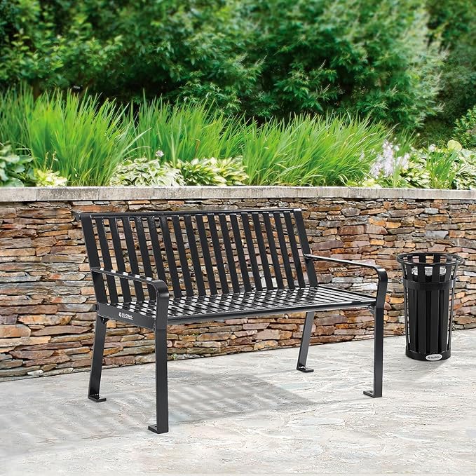 Global Industrial 4 ft. Outdoor Park Bench with Back, Vertical Steel Slat Construction, 600 lbs Capacity, Black, Unassembled, Heavy Duty Commercial Bench
