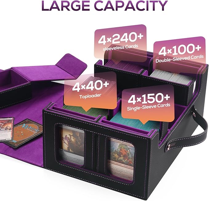 Trading Card Storage Box for MTG, MTG commander deck box，Multi-purpose Deck Case for MTG TCG Sports Card, 4 Toploaders, 4 Stoppers, 4 Colorful Dividers (Black & Purple)