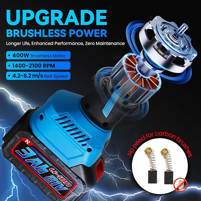 NEWTRY Cordless Pipe Tube Polisher Sander, Stainless Steel Belt Grinding Machine,400W Brushless Motor, 4.2-6.2m/s Adjustable Speed with Spared Rechargeable Battery & 8 PCS Sanding Belts
