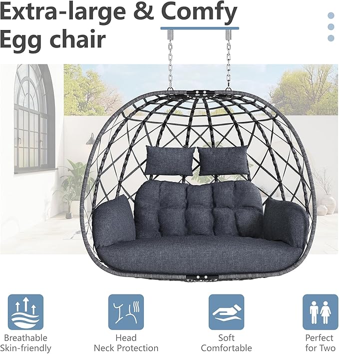 SWITTE Double Egg Swing Chair with Stand, 2 Person Outdoor Indoor Hammock Hanging Chair with Cushion for Patio Living Room 650 LBS Capacity-Dark Grey
