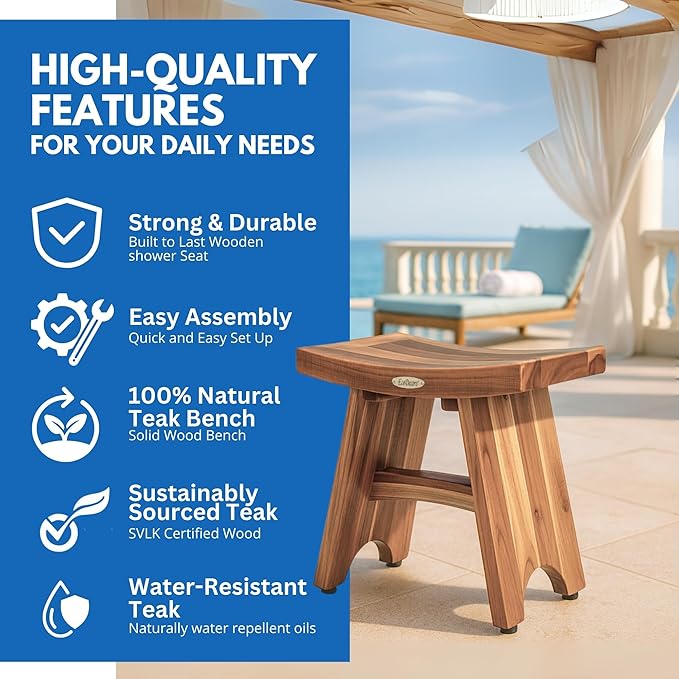 EcoDecors Teak Shower Bench 19", 300 lb Capacity – Waterproof Wood Bath Seat for Adults - Compact Spa Stool for Small Bathrooms & Walk-in Showers with Slip-Resistant Feet