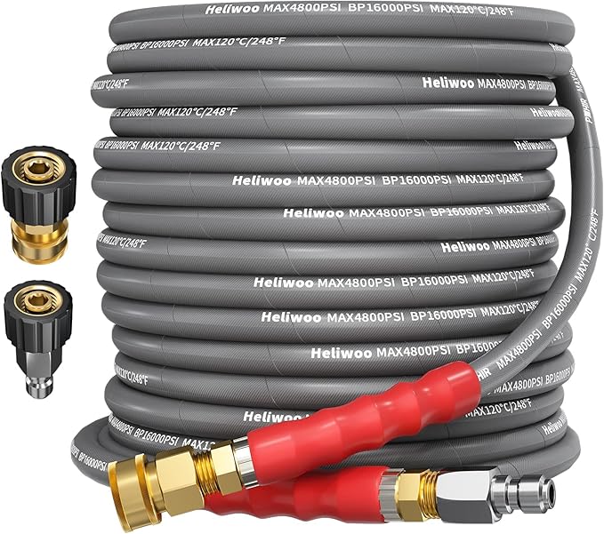 3/8'' Pressure Washer Hose 50 FT, Hot and Cold Water Power Washer Hose Max 248°F, Commercial Industrial Grade Steel Wire Braided Kink Proof Extension Hose with 3/8 Quick Connect 4800 PSI