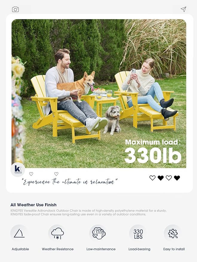 KINGYES Folding Adjustable Adirondack Chair with Ottoman & 2 Cup Holders, HDEP Multifunctional Adirondack Chair with Footrest, Yellow