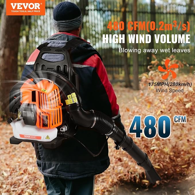 VEVOR Backpack Leaf Blower, 52CC 2-Cycle Leaf Blower with 1.37L Fuel Tank, 480CFM Air Volume 175MPH Speed, Ideal for Lawn Care, Leaf Cleaning, and Snow Removal