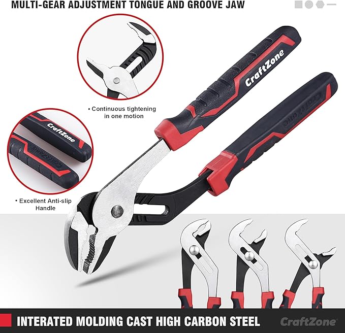 5-Piece Pliers & Wrench Set - Ideal Gift for Mechanics - Construction - Plumbing - Includes 6" Long Nose & Diagonal Pliers - 8" Adjustable & Combo Wrench - 10" Groove Joint Plier