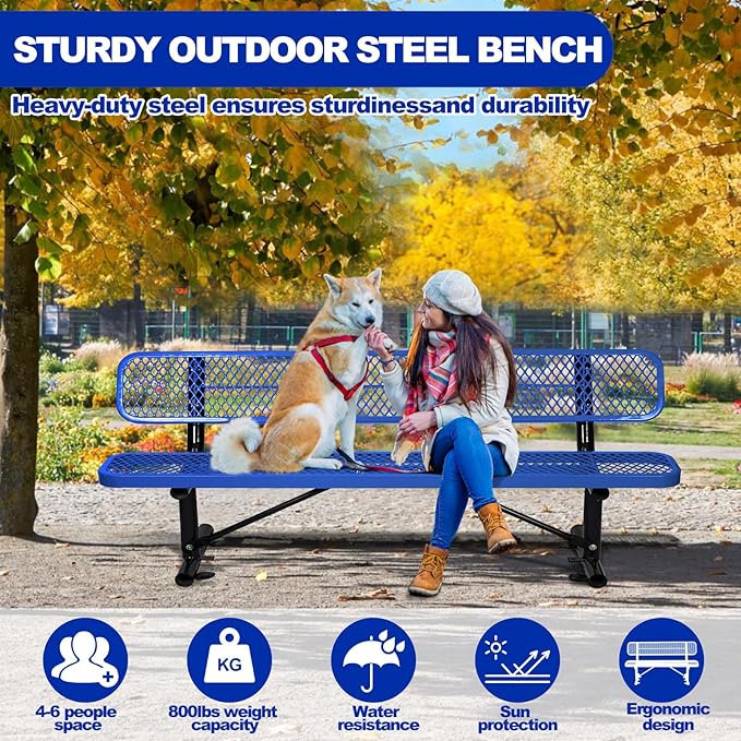 Heavy Duty Park Bench with Back Portable Frame, Outdoor Metal Park Bench with Backrest, Steel Mesh Outdoor Bench for Garden, Lawn, Patio, Porch, Park, Yard (Blue, 94.1" D x 23.2" W x 32.5" H)