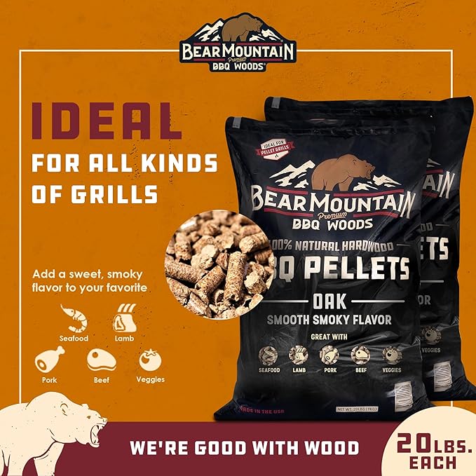 Bear Mountain 2-Pack All Natural Wood Pellets for Smoker, Grill & BBQ, 20 Lbs, Oak - Premium Hardwood Barbecue Pellet Accessories for Indoor and Outdoor Grilling