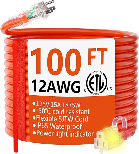 HUANCHAIN 12/3 Gauge Heavy Duty Outdoor Extension Cord 100 ft Waterproof with Lighted end, Flexible Cold-Resistant 3 Prong Electric Cord Outside, 15Amp 1875W 12AWG SJTW, Orange, ETL