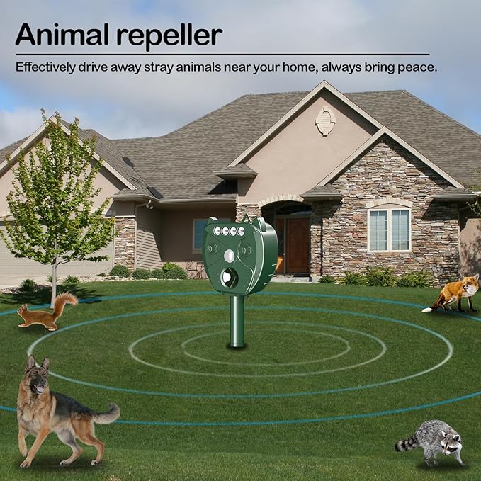 Ultrasonic Animal Repellent Outdoor, Solar Powered Deer Squirrel Skunk Rabbit Rodent Dog Deterrents Animal Repeller for Garden Farm Outdoor, Animal Deterrent with Motion Detection Waterproof for Yard