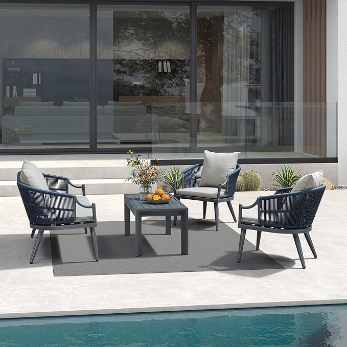 PURPLE LEAF 4-Pieces Wicker Patio Conversation Set Outdoor Rattan Sofa Patio Furniture Set with High-Density Cushions and Aluminum Coffee Table for Backyard Porch Poolside, Dark Grey