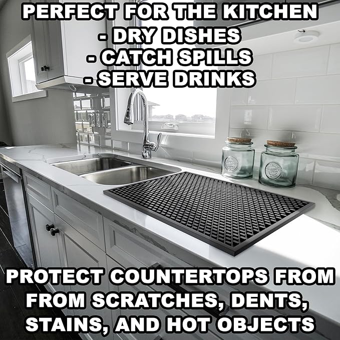 Silicone Drip Mat - 1/2 Inch Thick, Heat-Resistant and Food Safe - Counter Top, Coffee Bar or Restaurant - Drying Mat for Glasses - 18x12 Inches