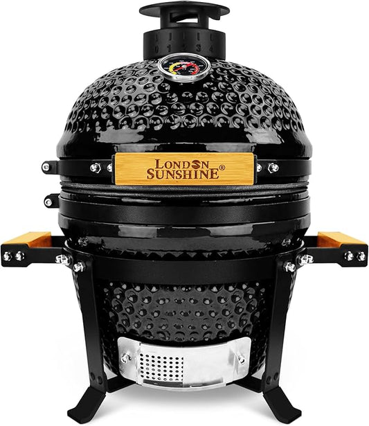 Upgraded 13 inch Ceramic Kamado Grill with Waterproof Air Vent Cap | Portable Tabletop Charcoal BBQ Grill Smoker for Outdoor Cooking, Patio, Camping | Black