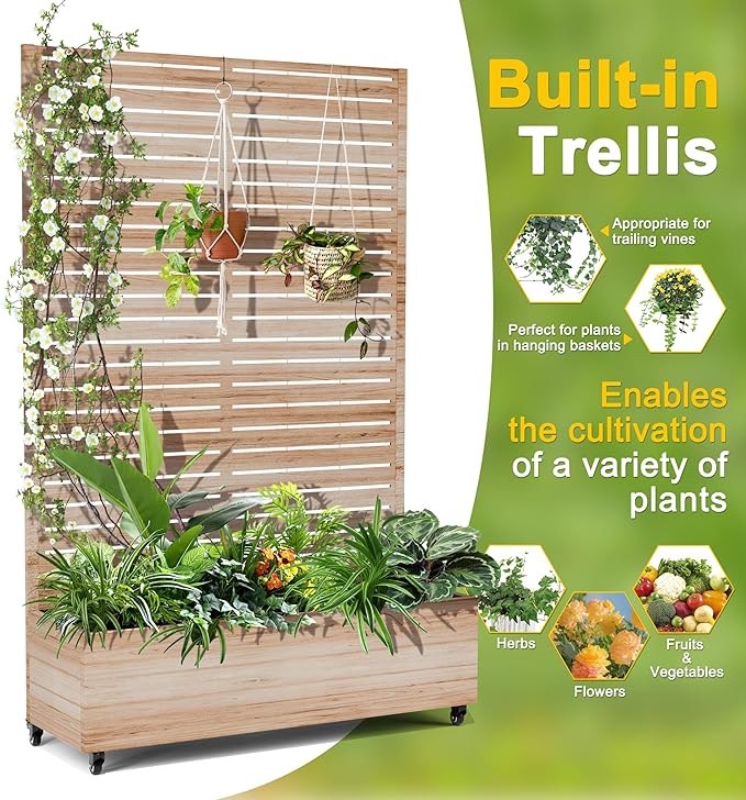 FENCY Metal Raised Garden Bed with Wheels and Trellis,73"x47"x16" Planter Box for Climbing Plants, Vegetables & Vines, Features Privacy Screen and Drainage Holes (Acacia Wood Finish)