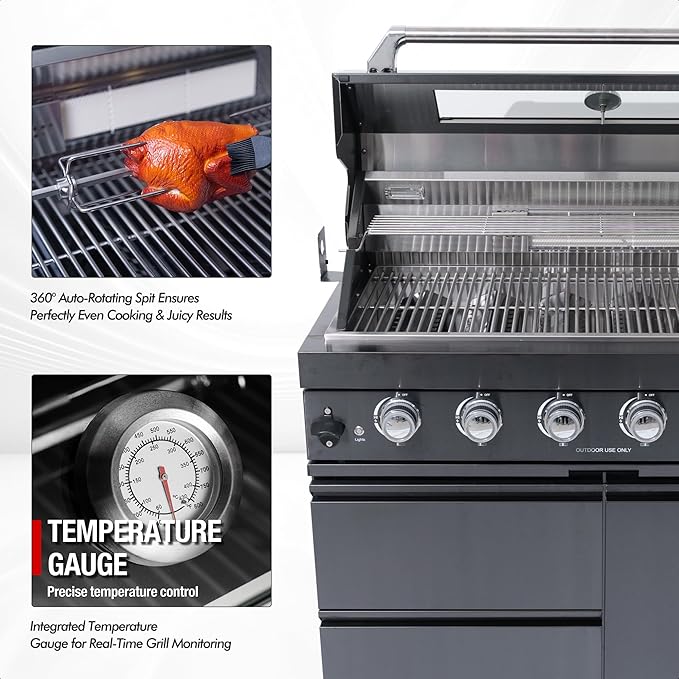Outdoor Kitchen Island, 82 Inches 6-Burner 85000 BTU Stainless Steel Propane Gas Grill Combination With Refrigerator and Sink, Rotisserie Kit, Granite Countertops(Black Combo)