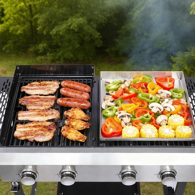 4-Burner Propane Gas BBQ Grill with Stainless Steel Plancha, 38240 BTU Output Stainless Steel Gas Grill w/Cast Iron Grating Mesh, & Foldable Side Table, Hanging Basket for Outdoor & Garden