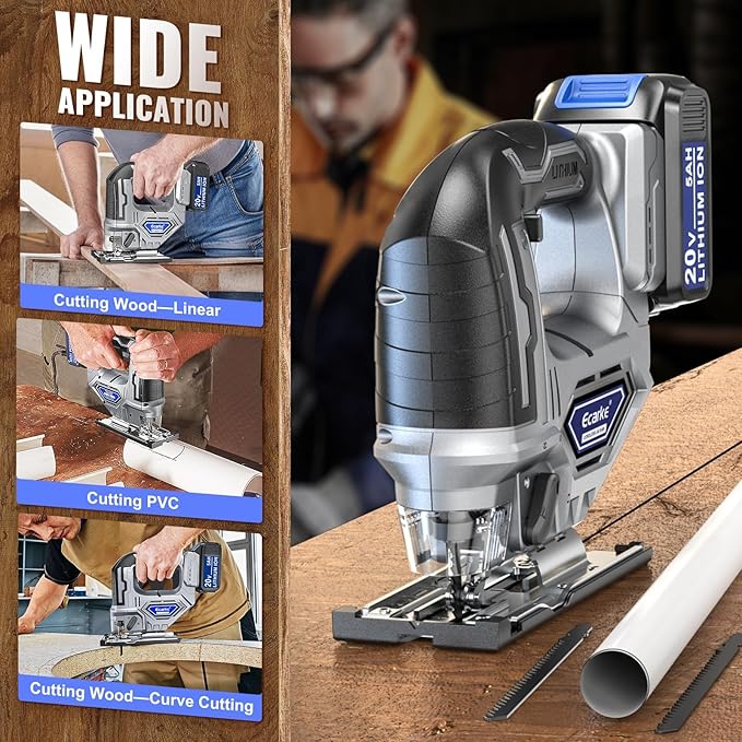 Ecarke Cordless Jigsaw Compatible with Dewalt 20V, Brushless Motor, Variable Speed, LED Light, 0°-45° Bevel Cuts, 3-Position Orbital Action for Cutting (With 5Ah Battery & Charger Station Kit)