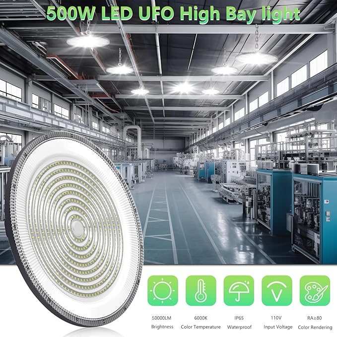 UFO LED High Bay Light:500W 50000LM LED Shop Light 6000-6500K Bay Lighting IP65 Waterproof for Barn/Garage/Commercial Warehouse(10 Pack)