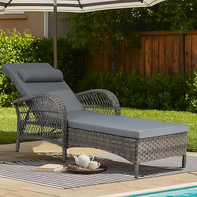 MEETWARM Outdoor Wicker Chaise Lounge Chair with Cushion, 77" Long All Weather PE Rattan Patio Lounge Chair, 6-Positions Adjustable Pool Reclining Sunbathing Chair, Armrest & Head Pillows, Gray
