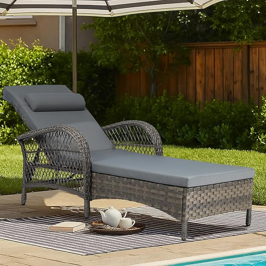 MEETWARM Outdoor Wicker Chaise Lounge Chair with Cushion, 77" Long All Weather PE Rattan Patio Lounge Chair, 6-Positions Adjustable Pool Reclining Sunbathing Chair, Armrest & Head Pillows, Gray