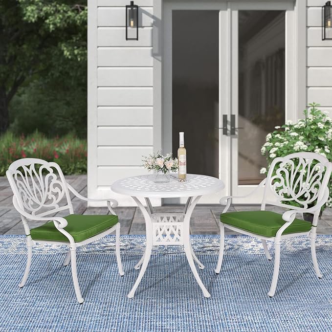 MEETWARM 3 Piece Patio Bistro Set, Outdoor All-Weather Cast Aluminum Dining Furniture Set Includes 2 Chairs and a 31” Round Table with Umbrella Hole for Garden Deck, White