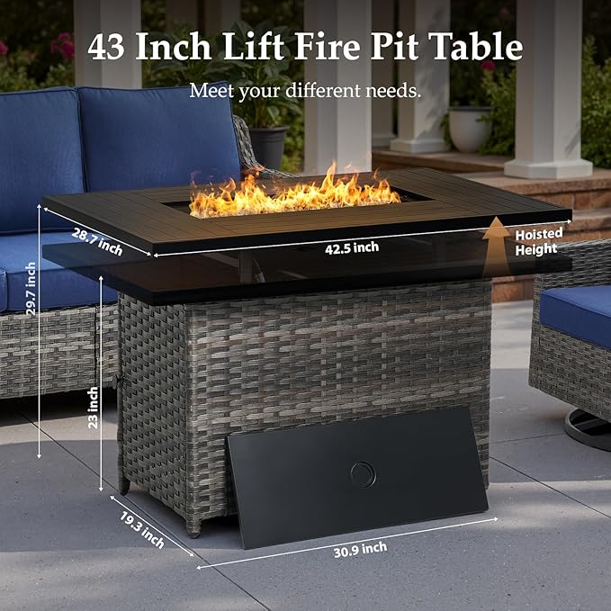 Patio Furniture Set with 42.5" Fire Pit Table-6 Pieces All Weather Wicker Outdoor Furniture with High Back Swivel Patio Chairs Set of 2 Outdoor Couch for Deck Balcony Backyard Blue/Gray