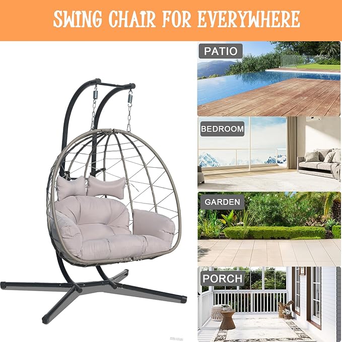 Double Hammock Egg Chair 2 Person Egg Chair Indoor Outdoor Swing with Stand Patio Wicker Hanging Chair Widened and Enlarged for Balcony Bedroom Porch Adults Kids