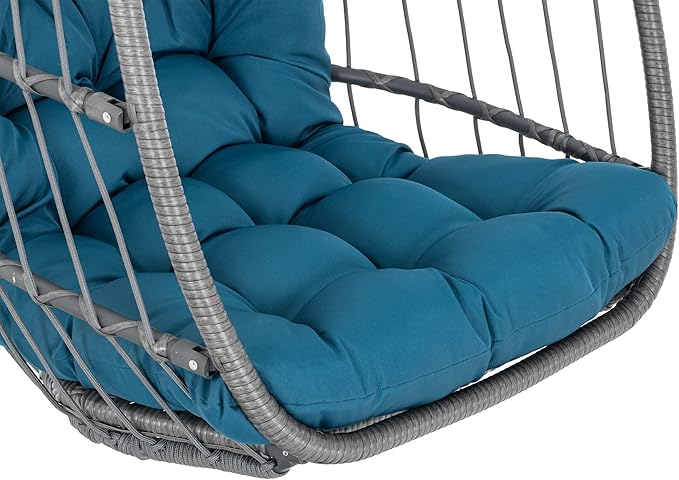 Yechen Wicker Rattan Hanging Egg Swing Chair with Hanging Chain Outdoor Indoor, Foldable Hammock Egg Basket Chairs Without Stand with Aluminum Frame and UV Resistant Cushion for Bedroom Porch