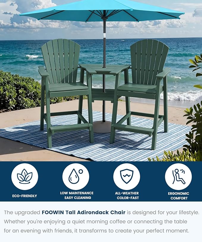 FOOWIN Tall Adirondack Chair Set of 2, All Weather HDPE Bar Height Adirondack Chair with Double Connecting Trays, Adirondack Barstools for Balcony, Deck, Backyard, Patio, Garden Dark Green