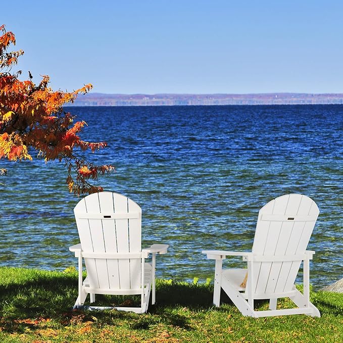 Adirondack Chairs Set of 2, All Weather Resistant Plastic Chairs with Cup Holder, 5 Easy Steps to Install, Outdoor Chairs for Patio, Garden, Backyard Deck, Lawn, Fire Pit - White