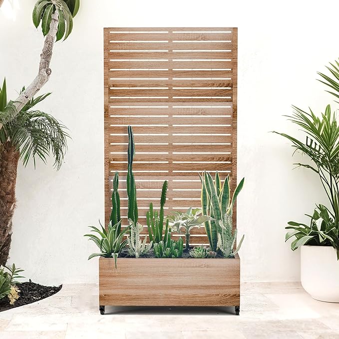Metal Planter Box with Trellis Privacy Screen, Outdoor Raised Garden Beds with Wheels & Drainage Holes (35" L, Brown Oak Grain)