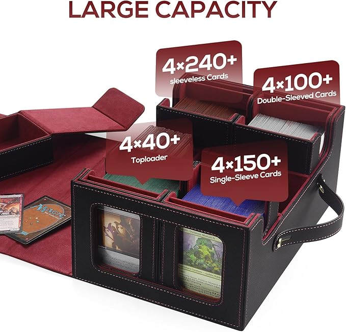Trading Card Storage Box for MTG, MTG commander deck box，Multi-purpose Deck Case for MTG TCG Sports Card, 4 Toploaders, 4 Stoppers, 4 Colorful Dividers (Black & Red)