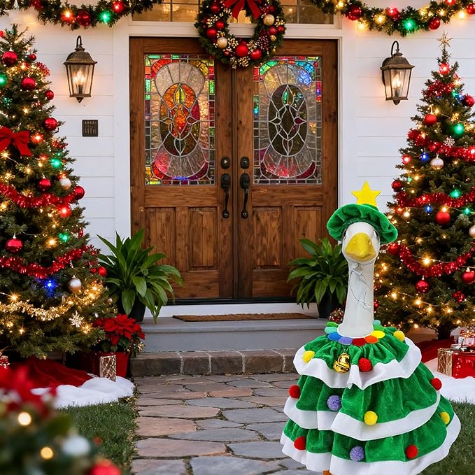 Christmas Porch Goose Outfits - 3Pcs Lawn Goose Goose Costume Small Green Hat, Rainbow Collar and Christmas Tree Skirt for 23 Inch Goose Statues, Holiday Outdoor Garden Porch Yard Lawn Patio Decor