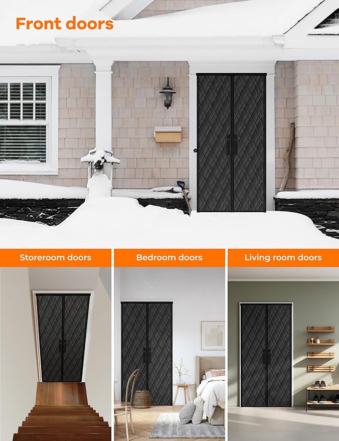 Magnetic Thermal Insulated Door Curtain, Fit Size up to 36 x 82 Inches, Thermal Door Curtain Filled with Thick Cotton to Keep Warm Winter, Doorway/Front/Back/Basement, Black, Diamond